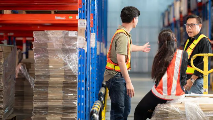 Warehouse staff discussing pallet transport and cargo planning