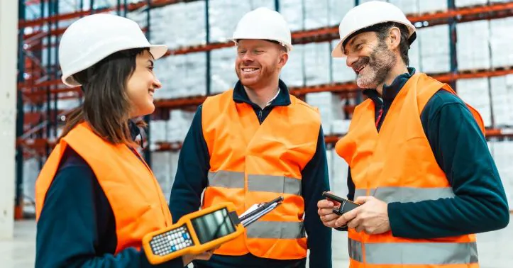 Smiling logistics team in a warehouse wearing safety helmets and orange vests, discussing work together
