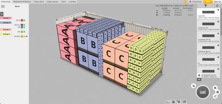 EasyCargo load planning software showing the advanced Priority Groups feature with color-coded cargo in a container