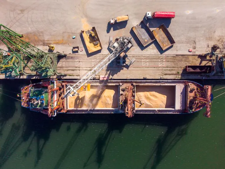 Aerial view of a&nbsp;bulk carrier ship being loaded with grain at a&nbsp;port terminal, showing bulk cargo handling in maritime logistics