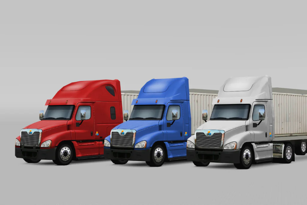 Three configurations of US trucks in EasyCargo: 2-axle Day Cab Freightliner, 3-axle Day Cab Kenworth, 3-axle Sleeper Cab Peterbilt