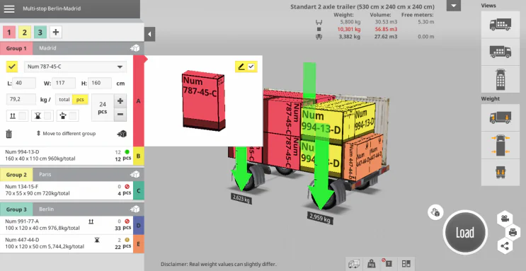 Interface of the EasyCargo 3D load simulator showing an optimized trailer load
