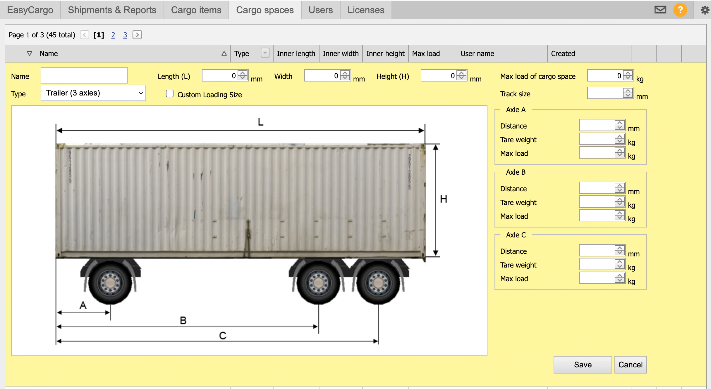 The feature of creating a custom cargo space in the EasyCargo app
