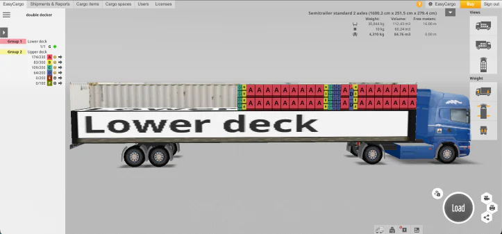 EasyCargo load planning software showing upper deck loading in a&nbsp;double-decker semi-trailer