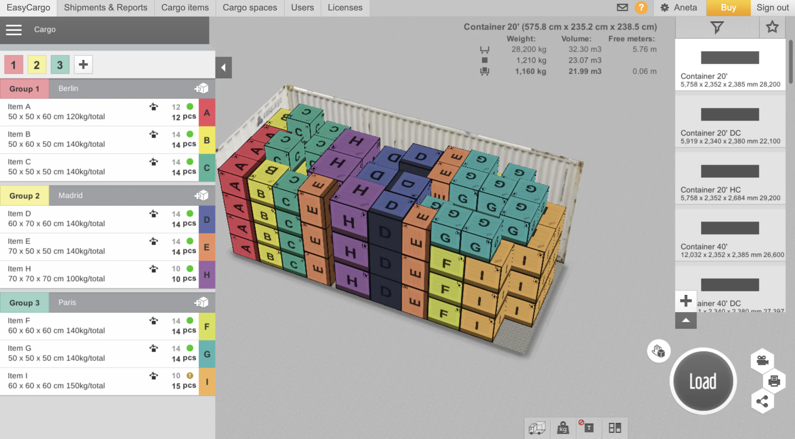 EasyCargo app interface and a fully loaded container