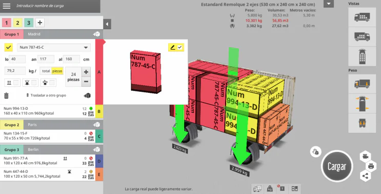Vista de la interfaz del simulador 3D de carga EasyCargo, trailer con su carga optimizada.