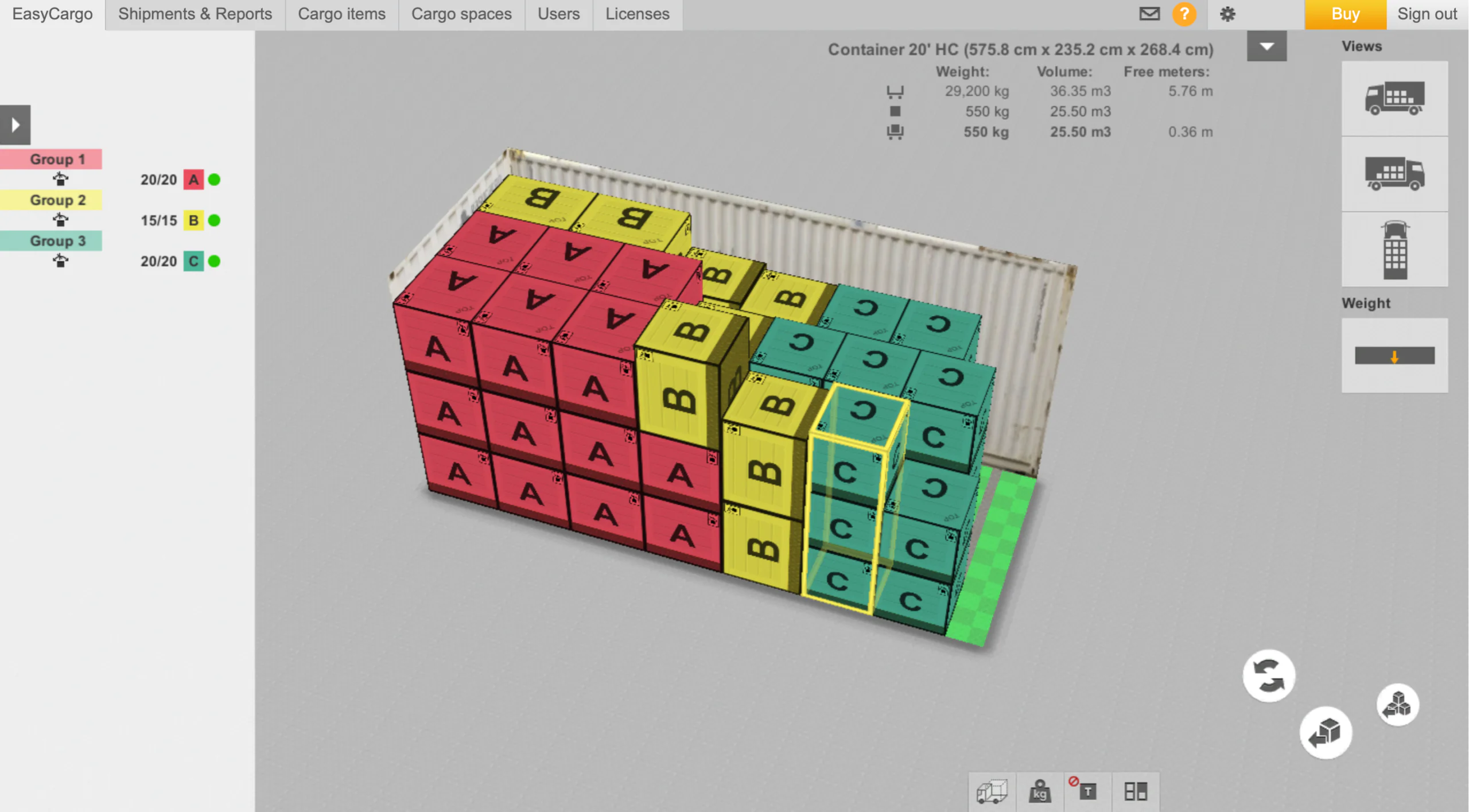 The EasyCargo app interface showing manual cargo adjustments