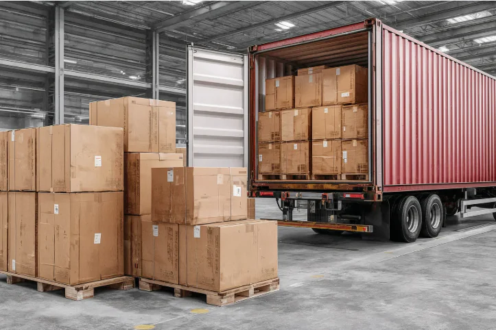 Open shipping container being loaded with palletized cardboard boxes inside a warehouse