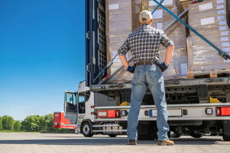 Worker inspecting the safe load weight distribution of a loaded truck with secured palletized cargo