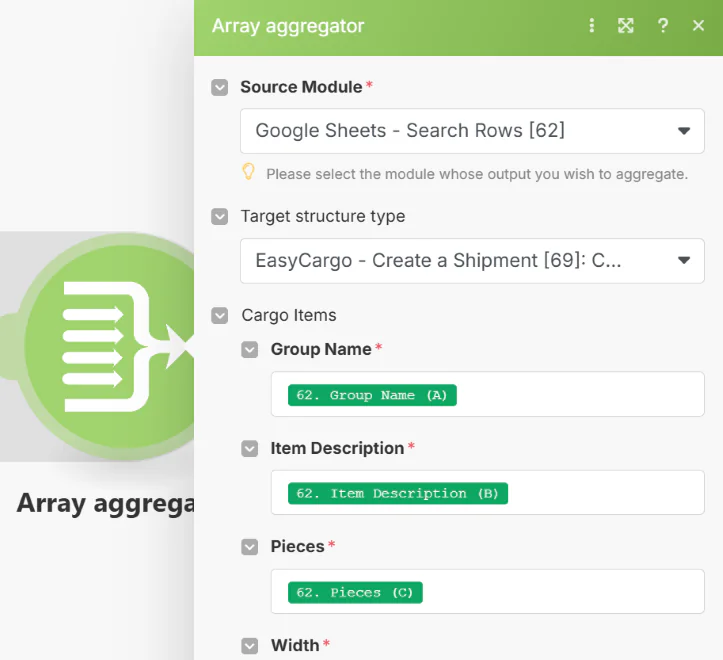 Ánh xạ Dữ liệu Hàng hóa trong Array Aggregator của Make.com Ánh xạ các cột bảng tính Google Sheets sang tham số hàng hóa trong mô-đun Array Aggregator của Make.com.