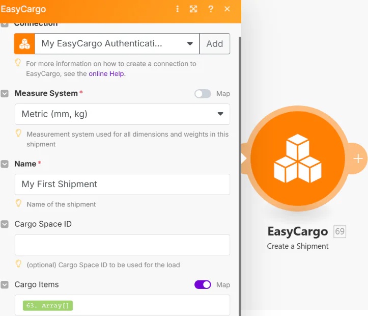 Cấu hình Mô-đun Create a Shipment của EasyCargo trong Make.com Cấu hình tham số mô-đun Create a Shipment của EasyCargo và ánh xạ mảng hàng hóa trong Make.com.