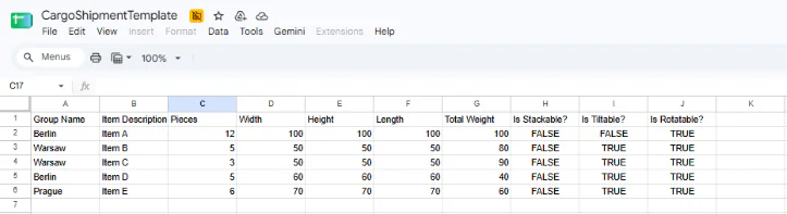 Mẫu Hàng hóa Google Sheets của EasyCargo Mẫu bảng tính Google Sheets hiển thị các hàng hàng hóa được định dạng với kích thước, trọng lượng và quy tắc xếp chồng để nhập vào EasyCargo.