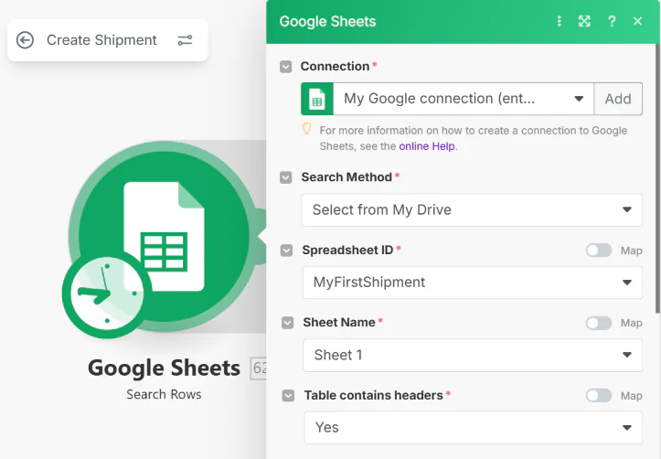 Cấu hình Mô-đun Google Sheets trong Make.com Thiết lập panel cấu hình mô-đun Google Sheets trong trình chỉnh sửa kịch bản Make.com.